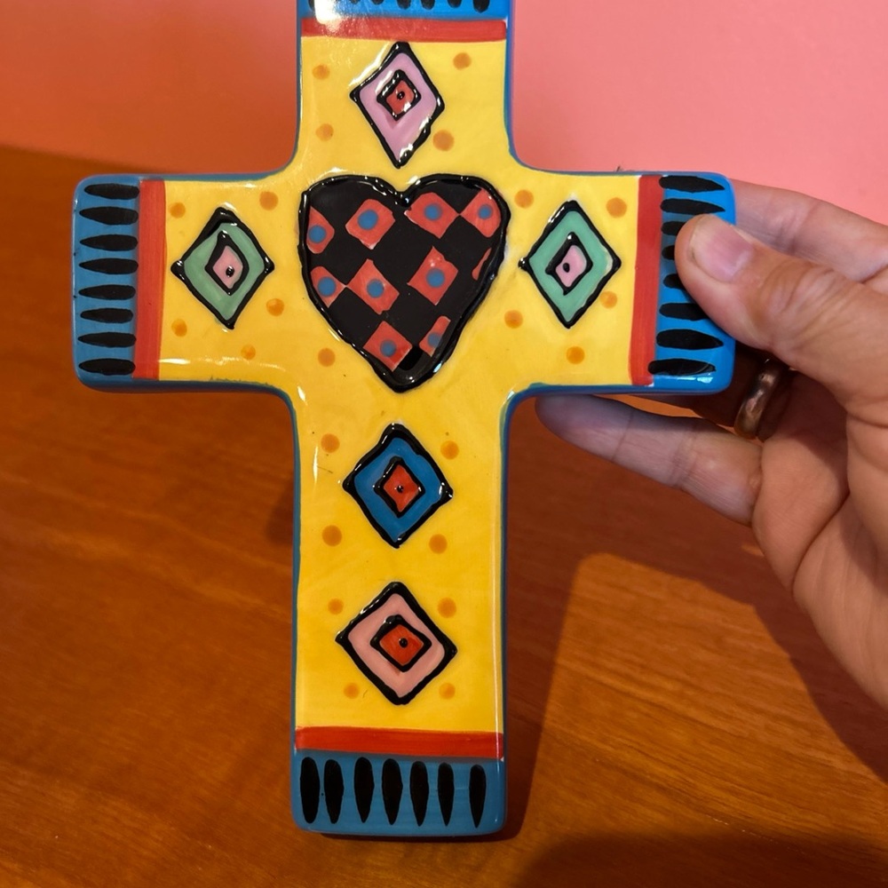 Chris Bubany handpainted art pottery Colorful Ceramic Cross with Heart Design